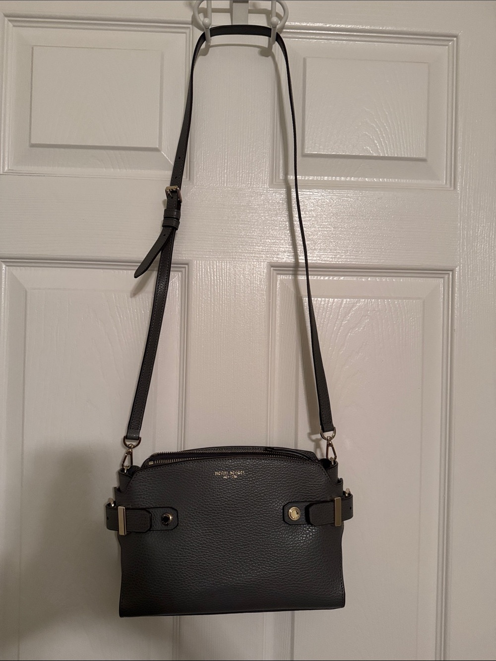 Michael Kors Gray Pebbled Leather Mini Crossbody with Gold Hardware